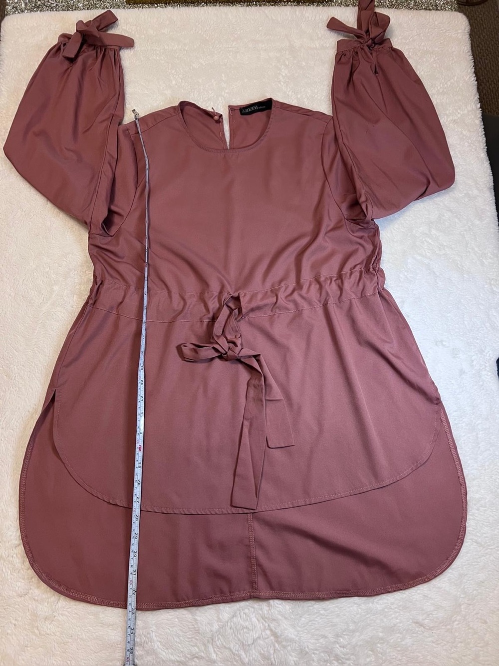 Zanzea Dusty Rose Tie-Waist Midi Dress with Bishop Sleeves